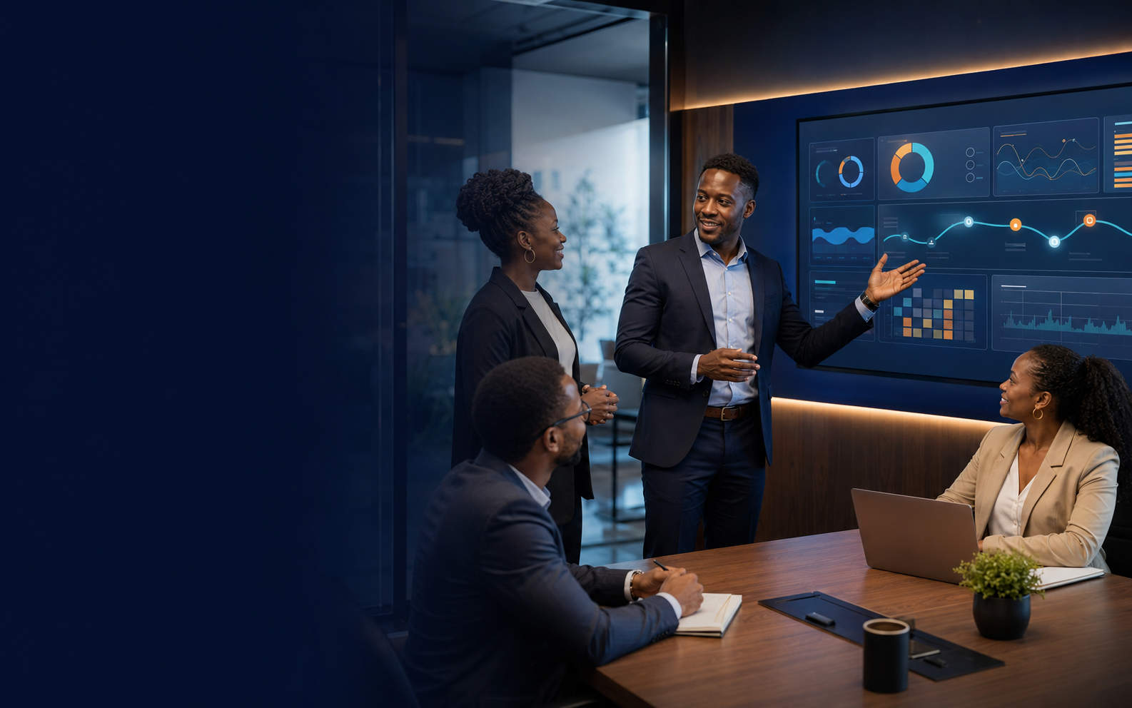 African learning professionals reviewing a modern learner analytics dashboard
